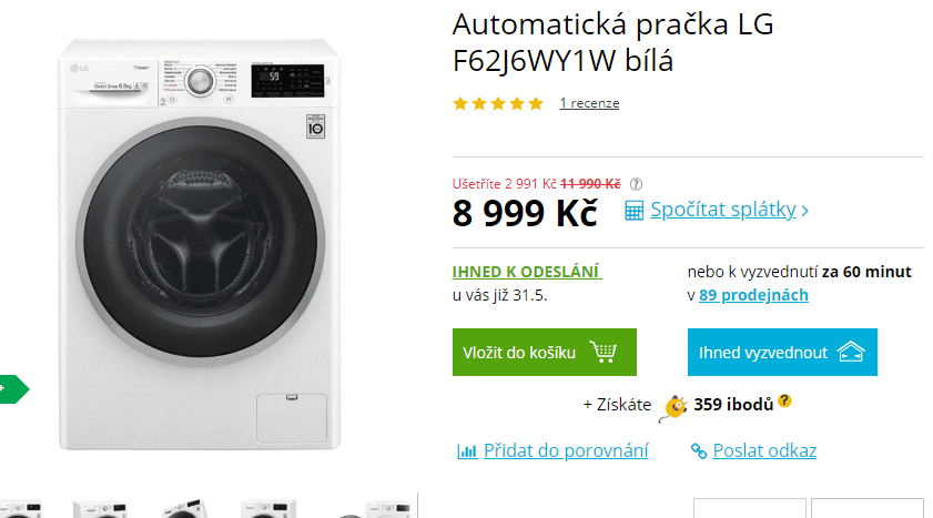 Pračka LG, 6,5kg, 1200 ot., A+++, pára