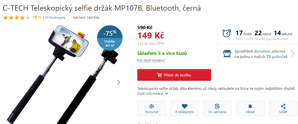 Teleskopická selfie tyč, bluetooth C-TECH 