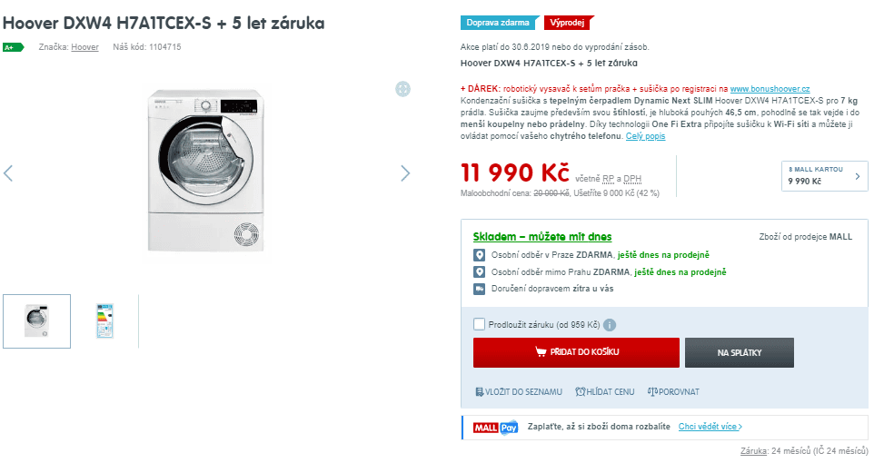 Sušička prádla Hoover, 7kg, Wifi, 46cm