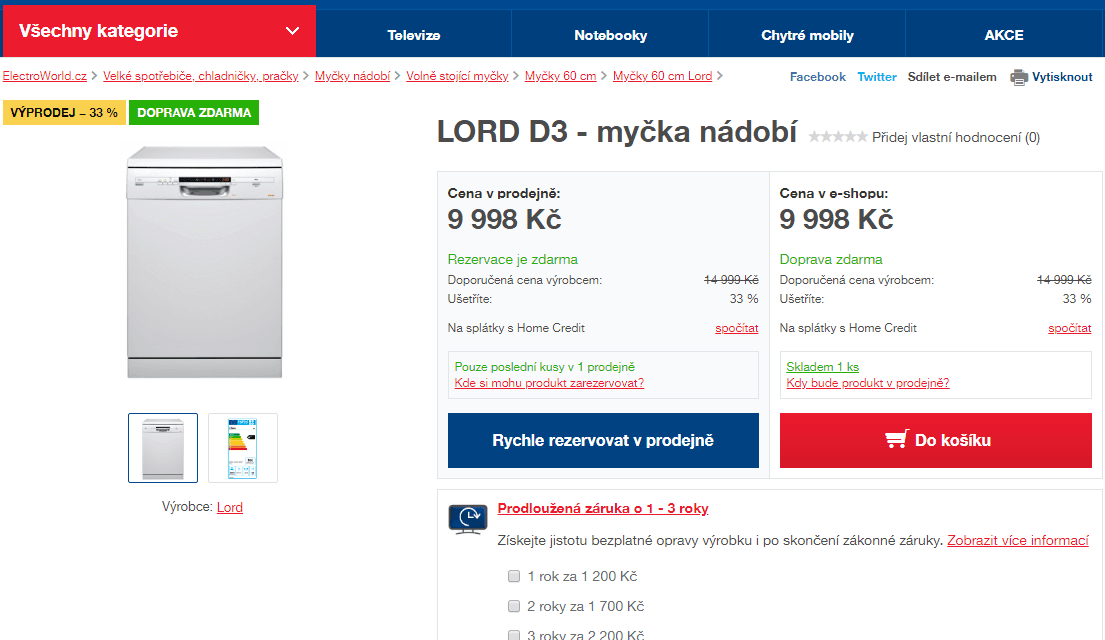 Myčka nádobí Lord, A++, 14 sad, 5let záruka