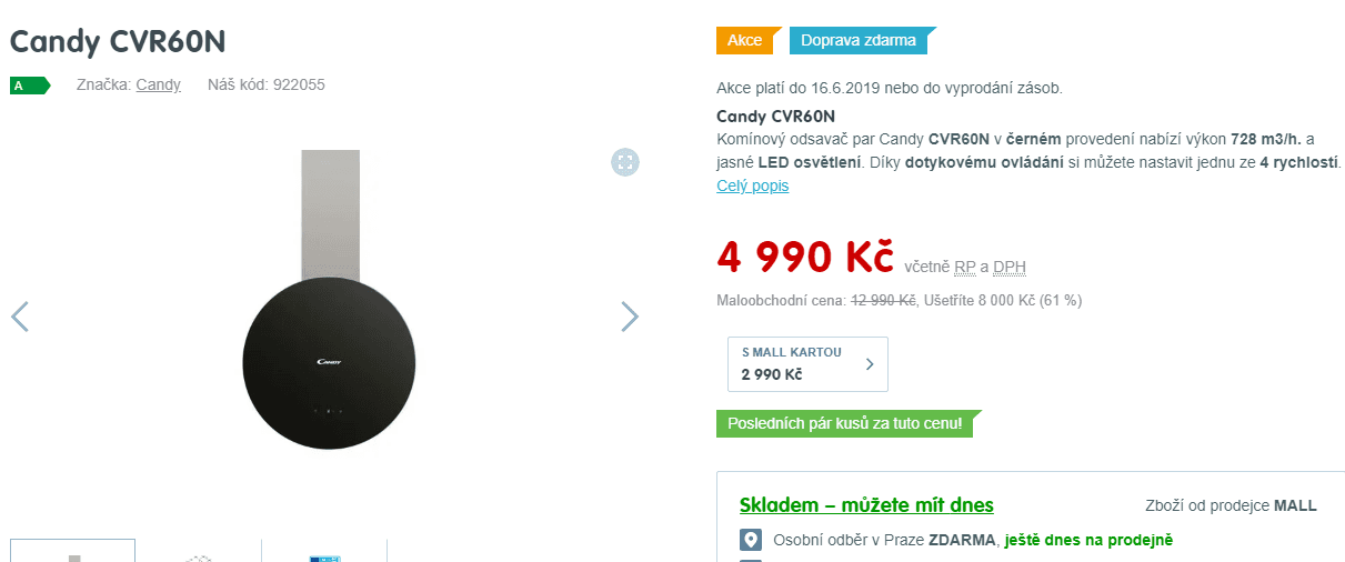 Nástěnná digestoř Candy, 728m/h, A