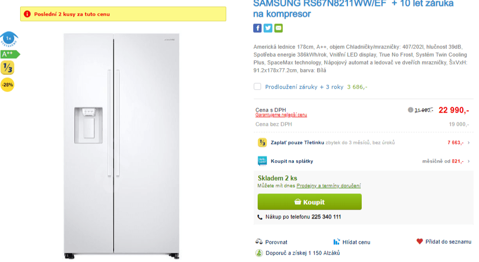 Americká lednice Samsung, led, voda, A++