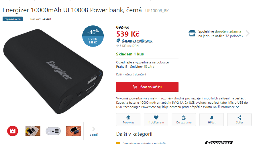 Powerbanka Energizer, 10000 mAh, 2x USB