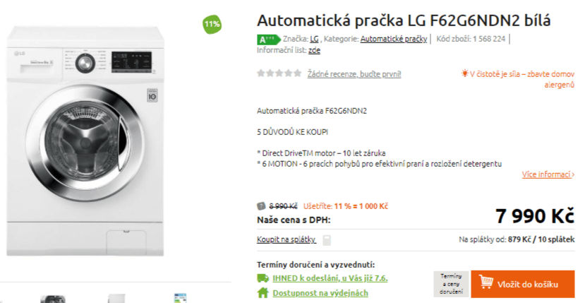Pračka LG, 6kg, 1200 ot., A+++, 44cm