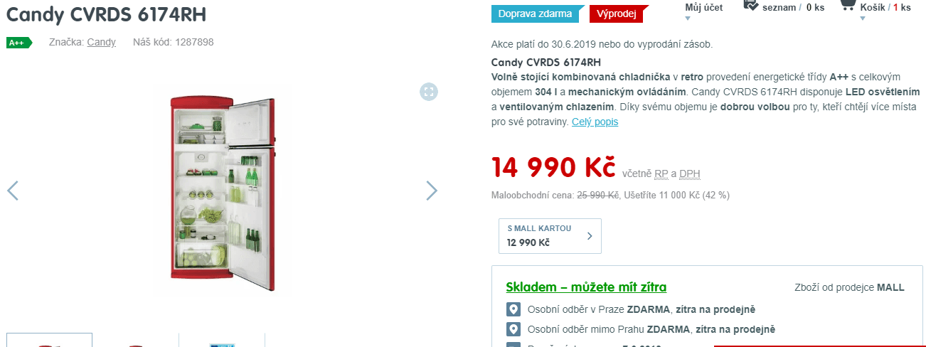 Retro lednice Candy, A++, 175cm