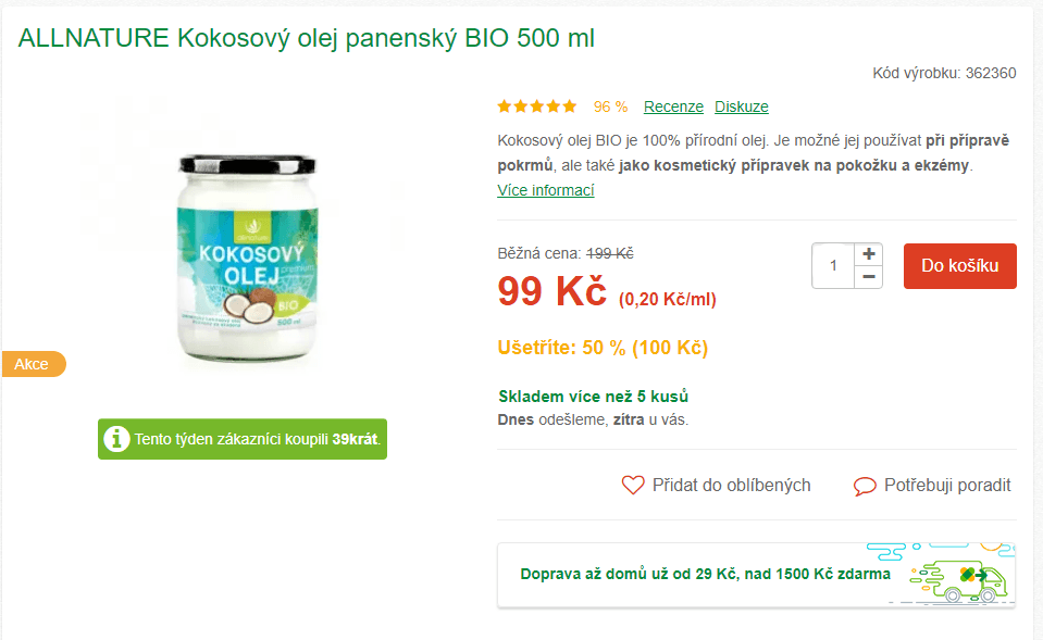 Bio kokosový olej Allnature panenský 500 ml