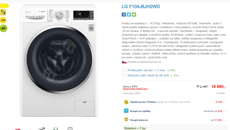 Pračka se sušičkou LG, 10,5/7kg, pára, 1400 otáček