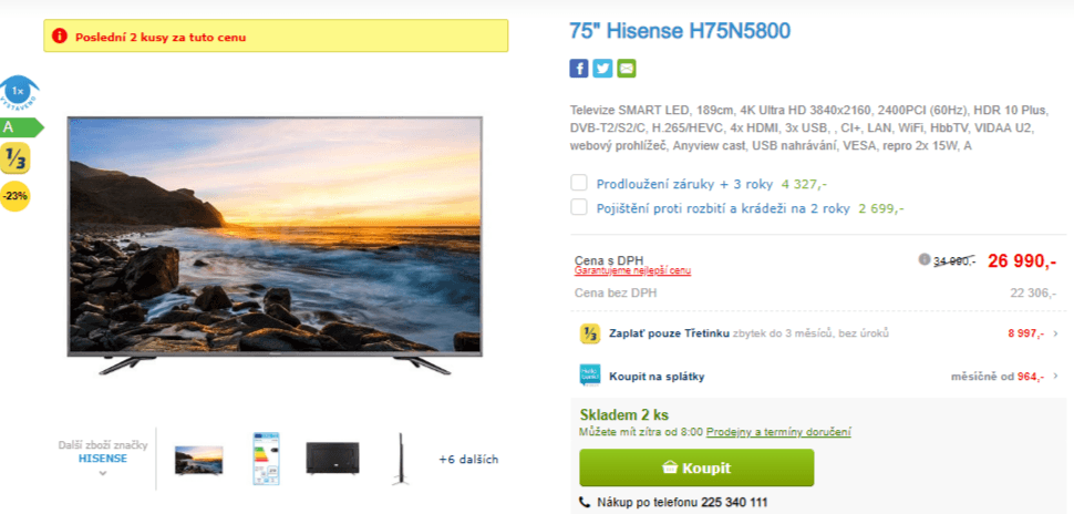 Ultra HD Smart TV, HDR, 189cm, Hisense