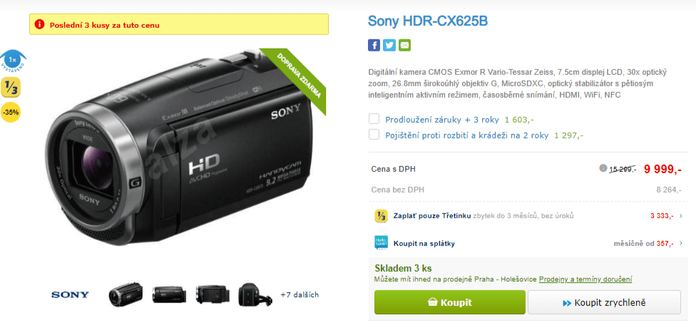 Videokamera SONY, full HD, Wifi, NFC, stabilizace