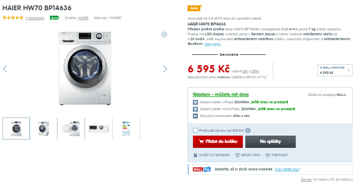 Pračka Haier, A+++, 7 kg, 1400 ot./min