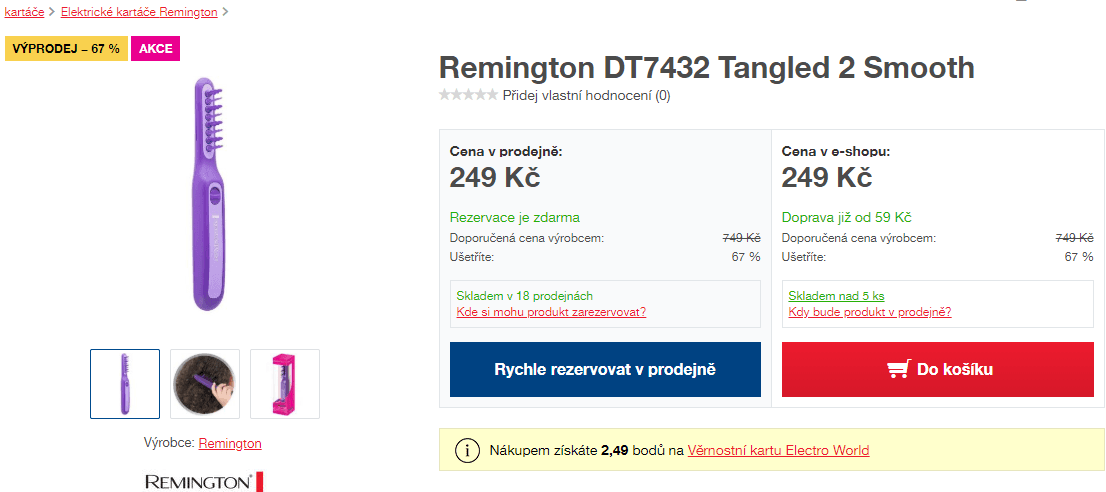 Bateriový hřeben Remington, bezbolestné