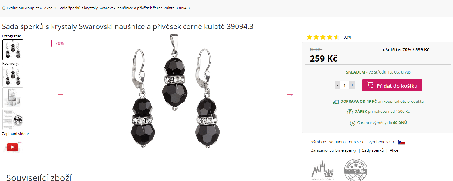 Sada stříbrných šperků černé kulaté s krystaly