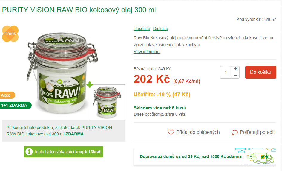 BIO kokosový olej Purity Vision 300 ml
