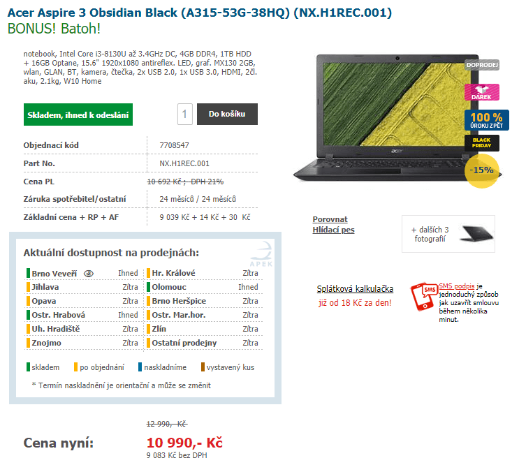 Acer, i3 3,4GHz, 4GB RAM, 2GB Nvidia, 15,6"