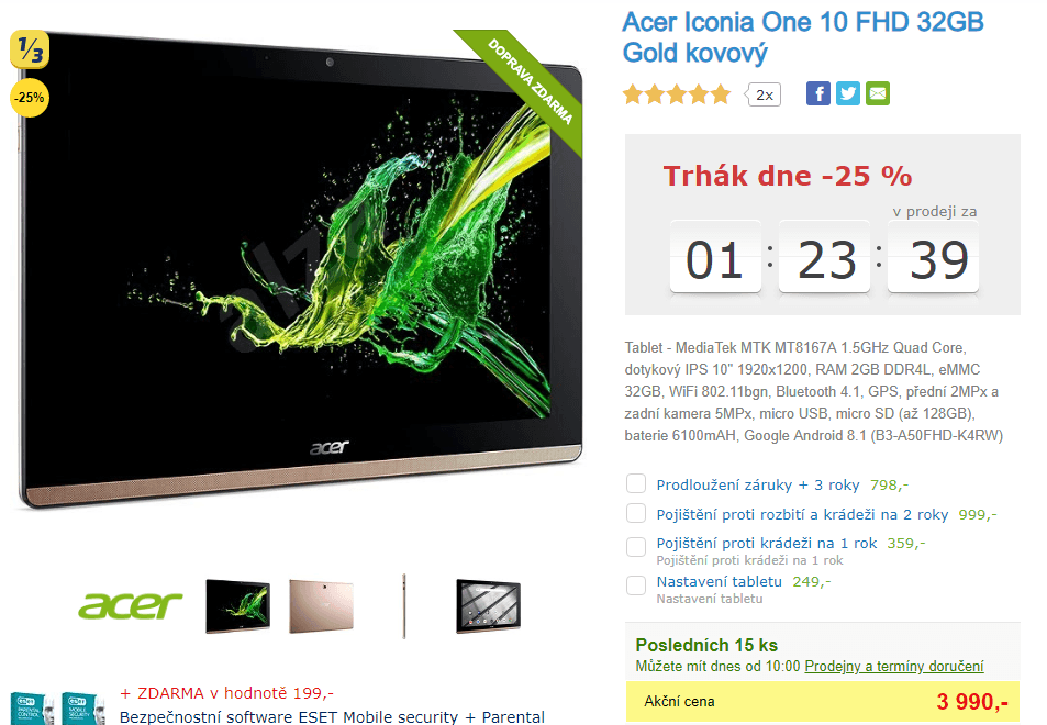 Tablet Acer, 4x 1,5GHz, 2GB RAM, 10,1"