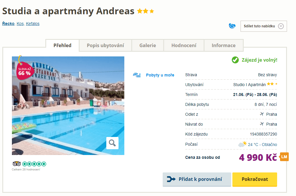 Řecko, Kos / ✈ Pha / BS / ⭐⭐⭐/ 8 dní