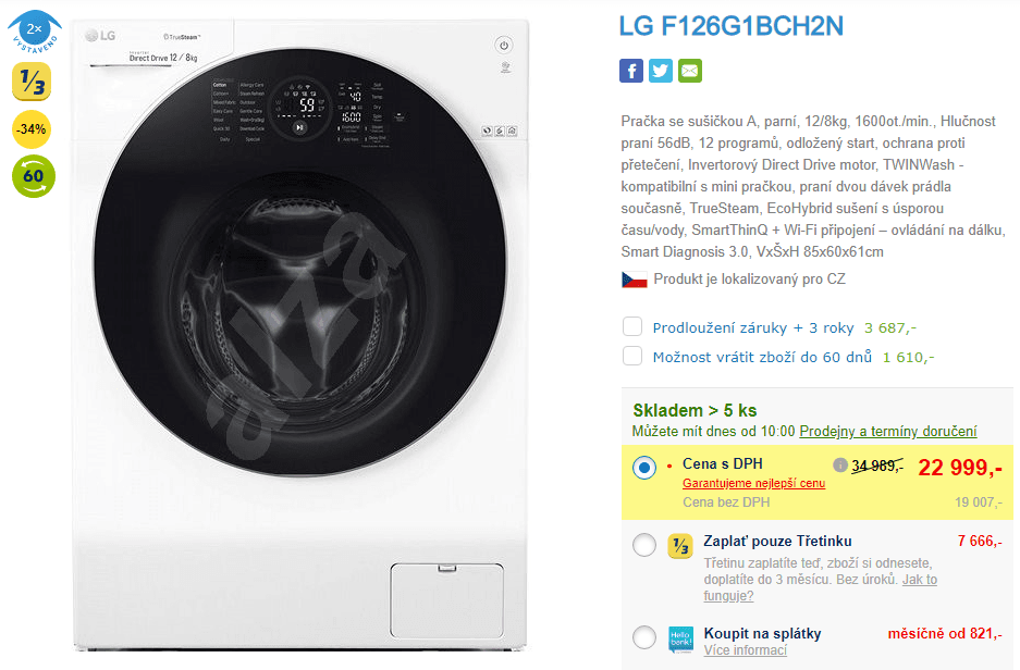 Pračka /sušička LG, 12/8kg, 1600ot., pára, Wifi