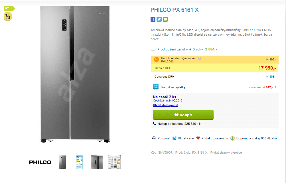 Americká lednice Philco, A+, no frost