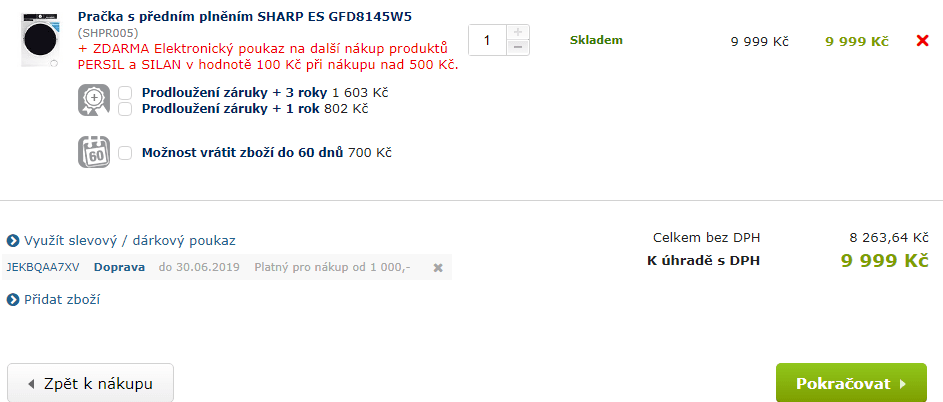 Pračka Sharp, 8kg, 1400 ot., A+++
