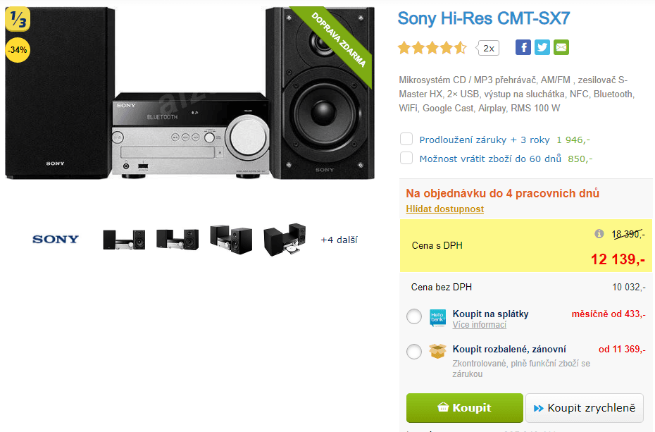 Mikrosystém SONY, 100W, NFC, WIFI, BT