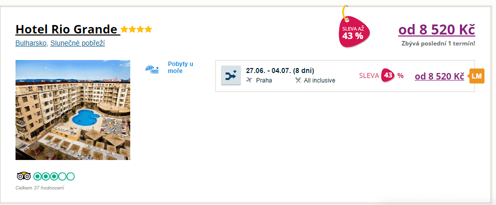 Sluneční pobřeží / ✈ Pha / AI / 4⭐/ 8dní