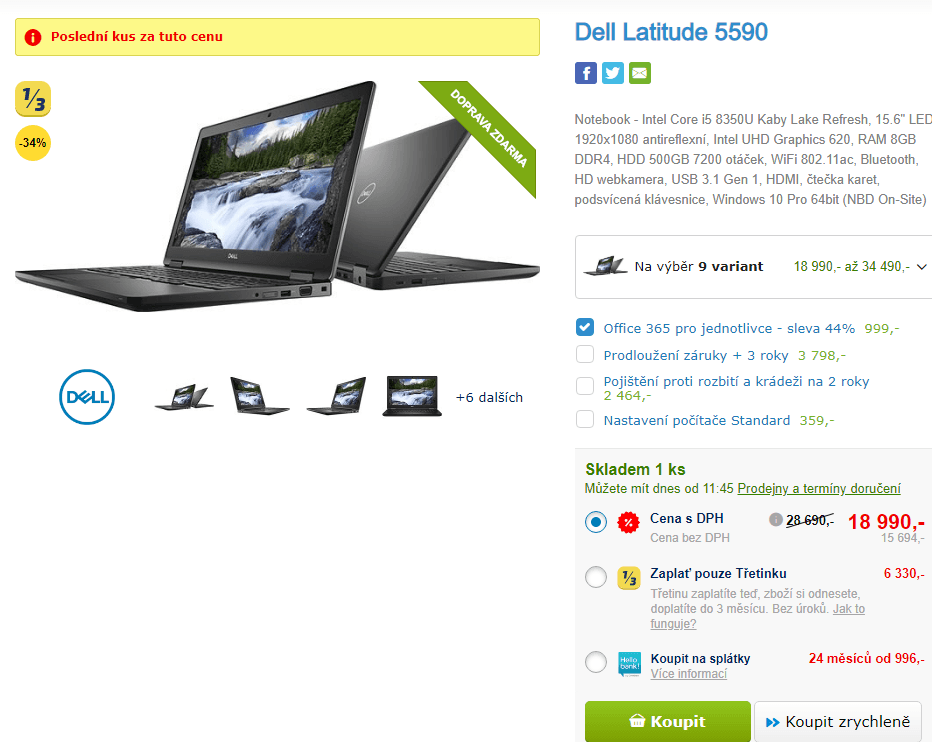 Dell, i5, 3,6GHz, 8GB RAM, 15,6", 1,8kg