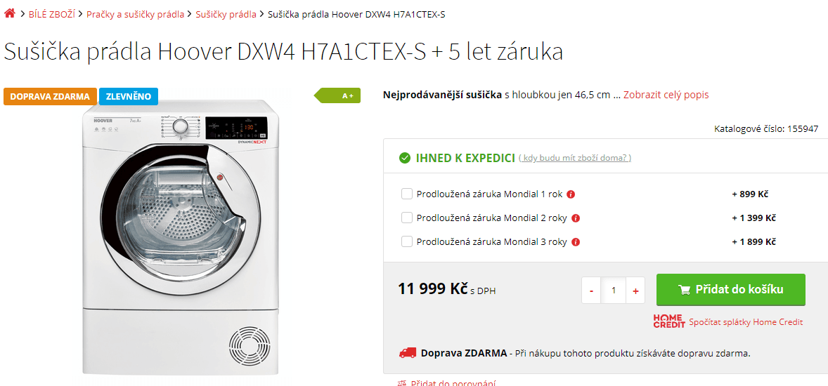 Sušička prádla Hoover, 7kg, Wifi, 46cm