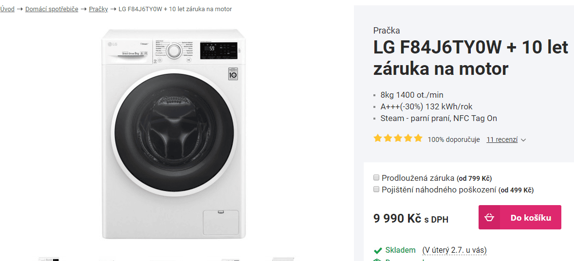 Pračka LG, 8kg, 1400 ot., pára, A+++