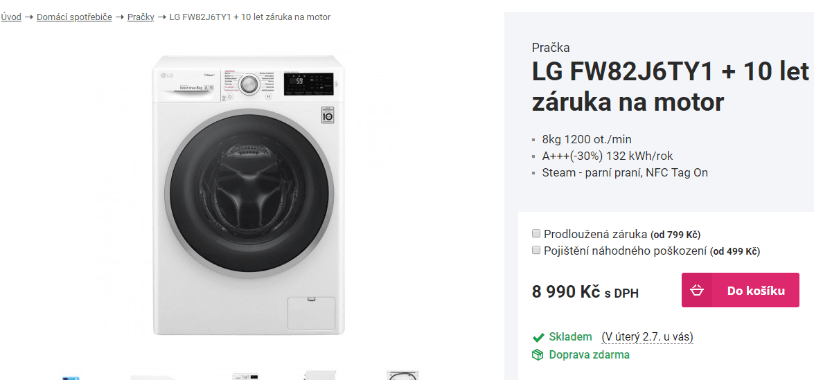 Pračka LG, 8 kg, 1200 ot., pára, A+++