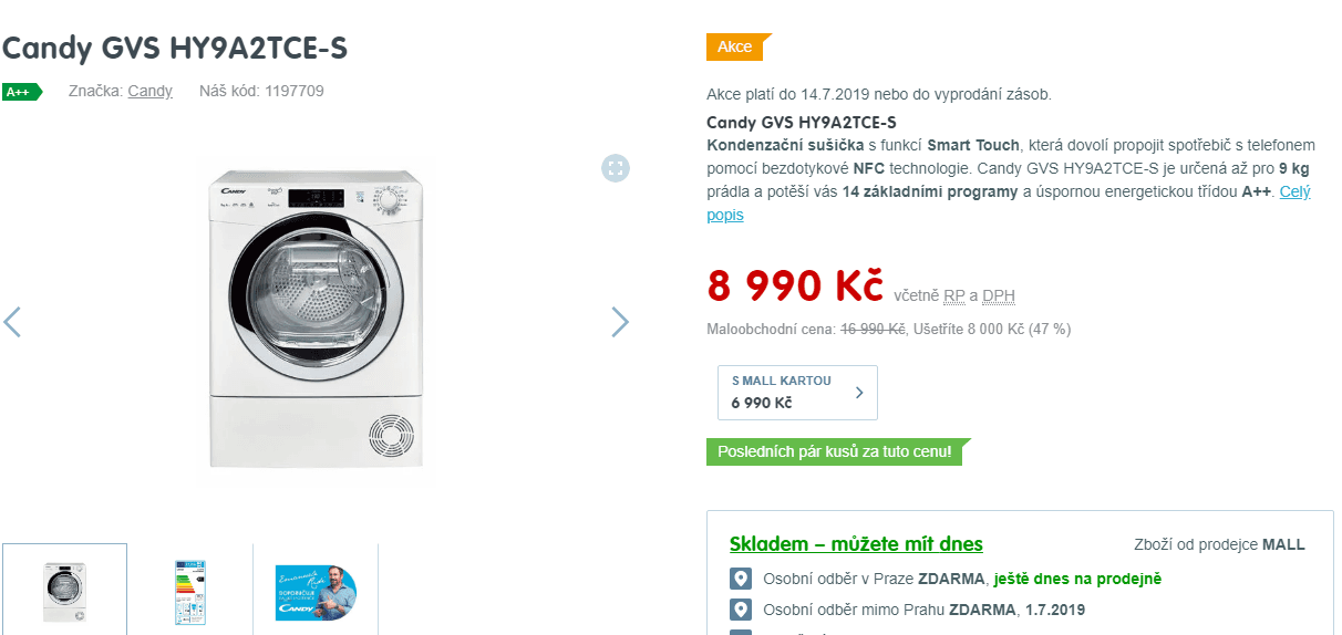 Sušička prádla Candy, 9kg, A++, NFC