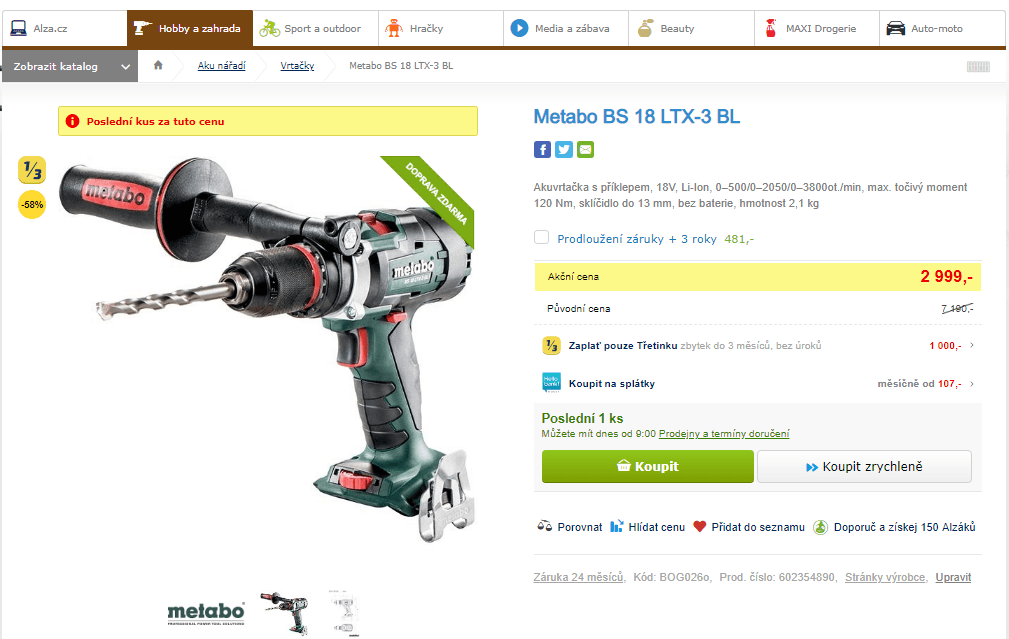Akuvrtačka Metabo 18V, 120 Nm, bez baterie