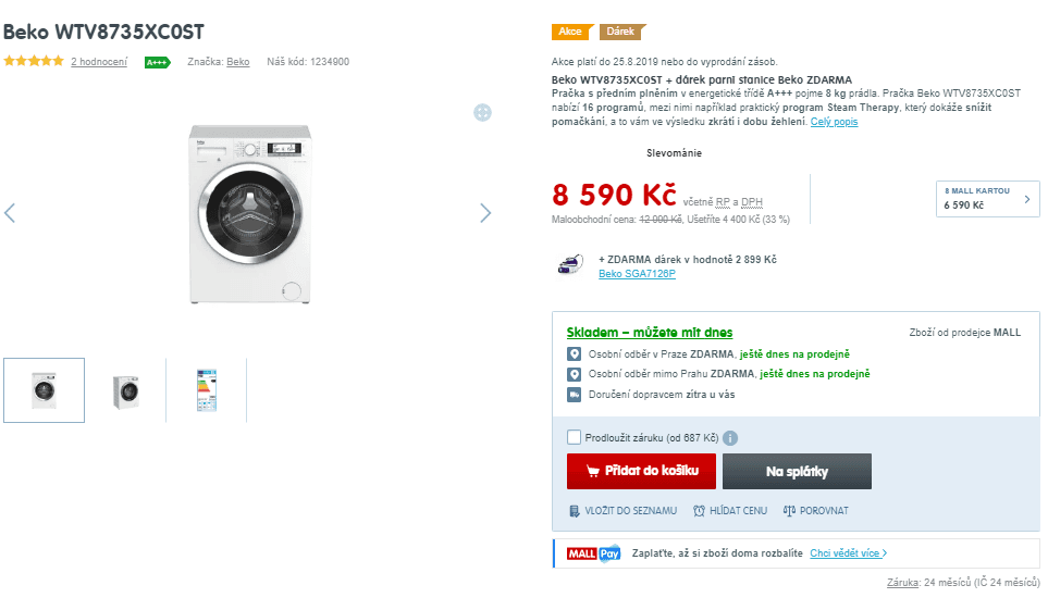 Parní pračka Beko, 8kg, 1400 ot., A+++