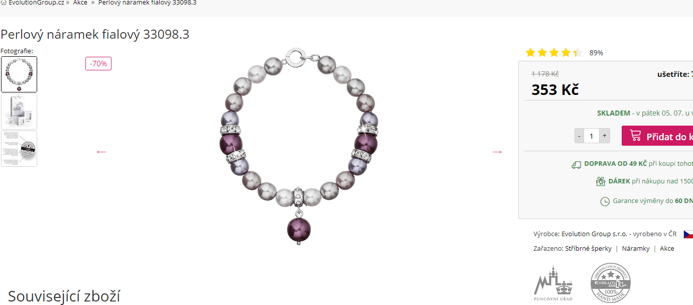 Perlový náramek fialový 33098.3