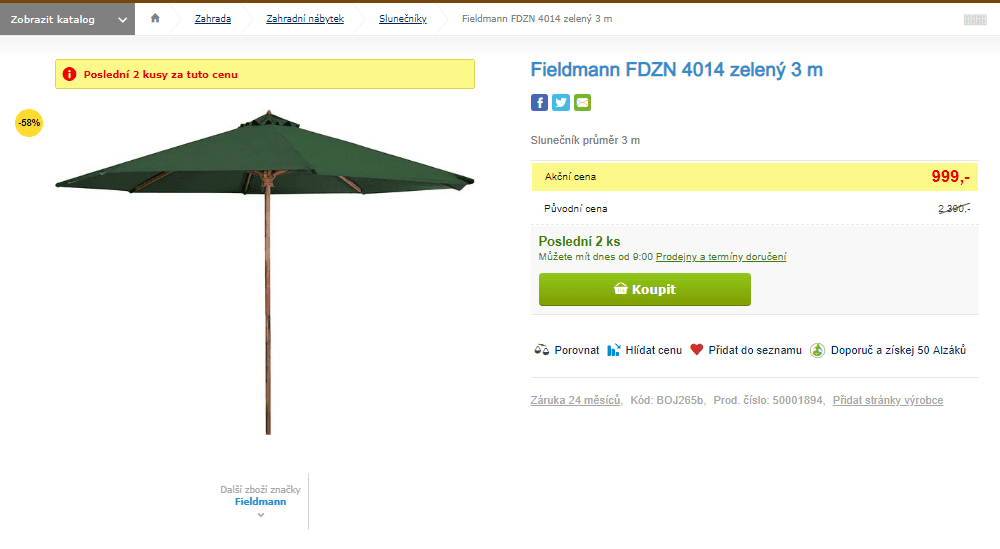 Slunečník Fieldmann, průměr 3 m