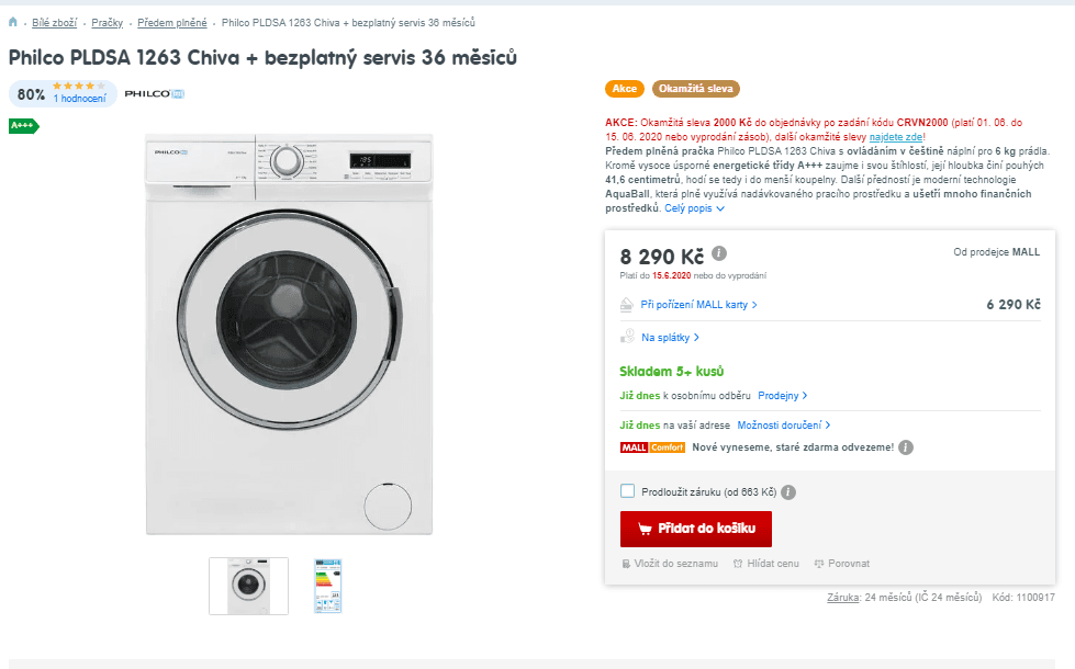 Pračka Philco, 6 kg, A+++, 1200 ot./min.