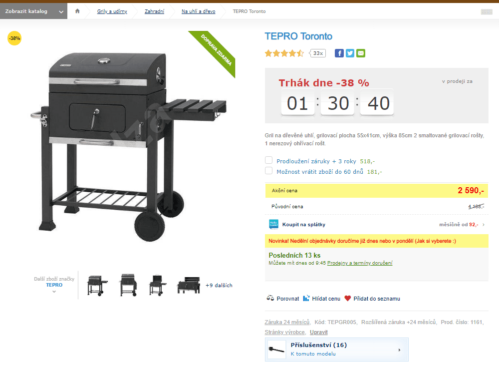 Gril na dřevěné uhlí Tepro Toronto 57x42cm