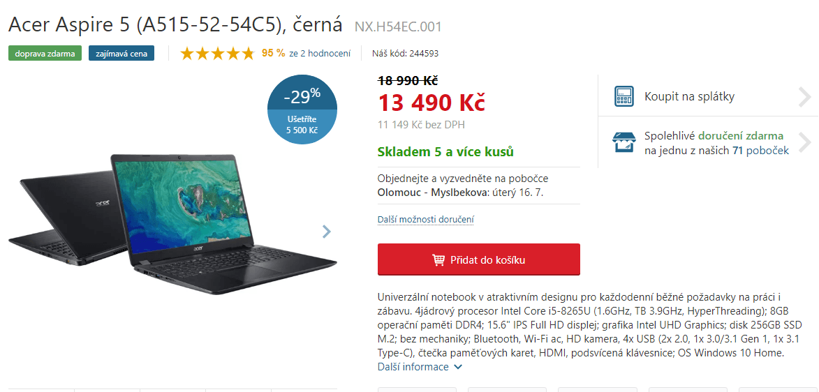 Acer, i5, 3,9GHz, 8GB RAM, 15,6"