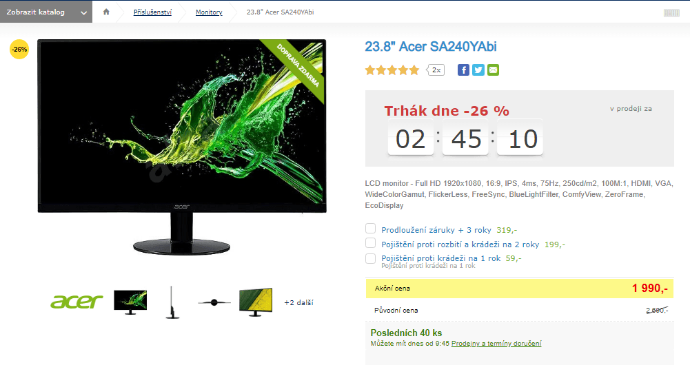 LCD monitor Acer, FHD, 23,8", ultratenký
