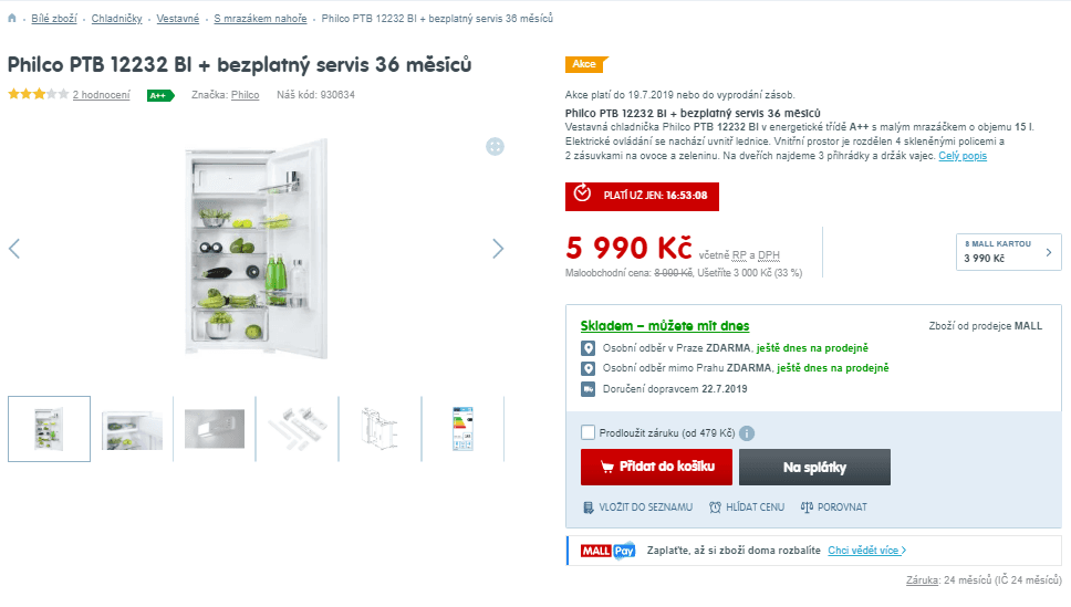 Vestavná lednice s mrazákem Philco, 186l