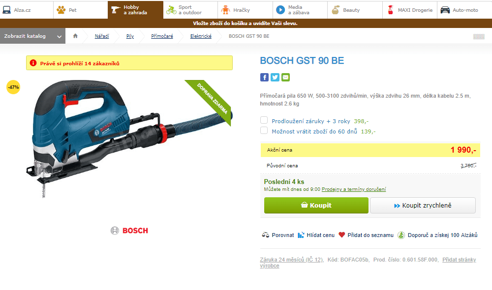 Přímočará pila Bosch, 650W, 3100 kmitů/min