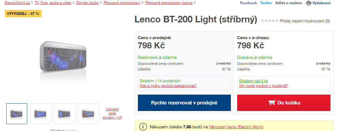 BT repro se světlem Lenco 200, NFC