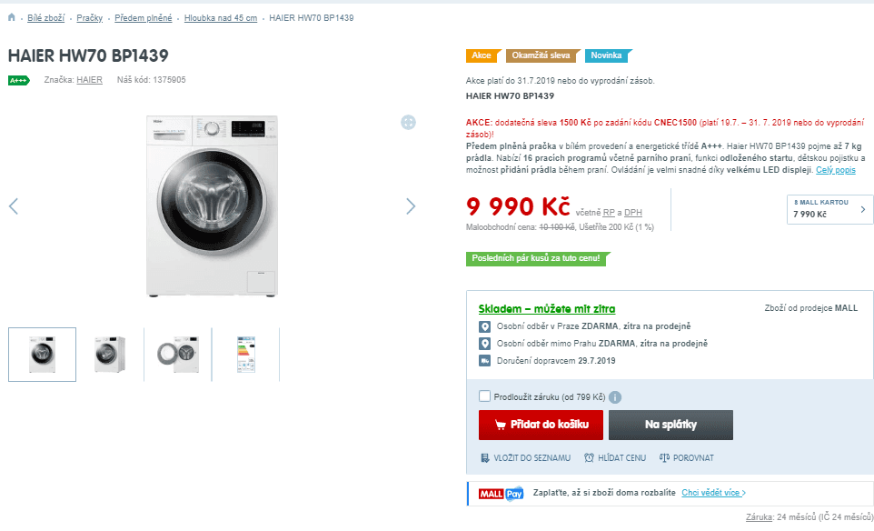 Pračka Haier, A+++, 7 kg, 1400 ot./min
