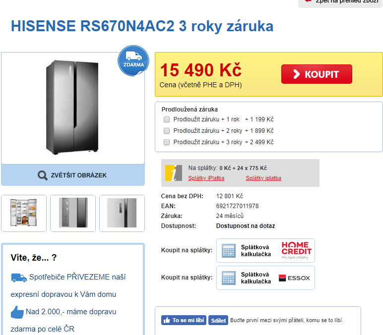 Americká lednice Hisense, A++, 