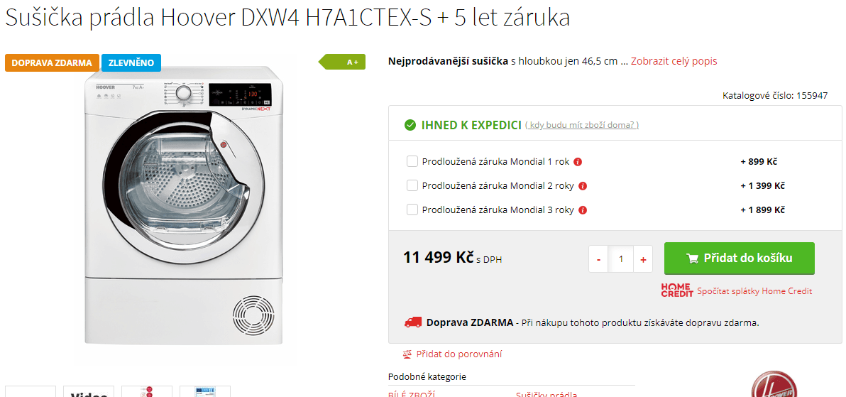 Sušička prádla Hoover, 7kg, Wifi, 46cm