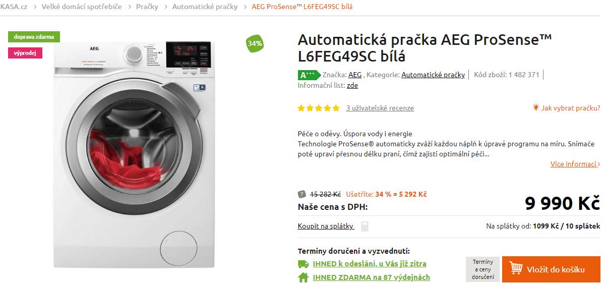 Pračka LG, 9kg, 1400 ot., A+++