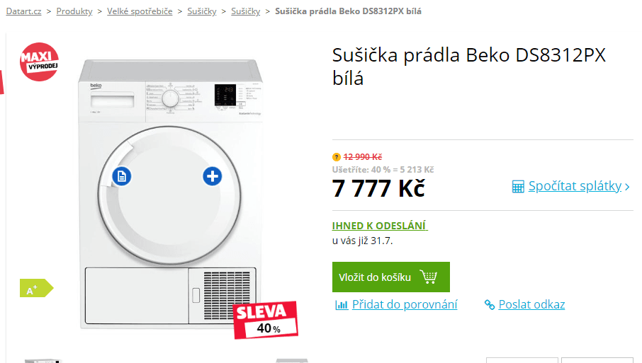 Sušička prádla Beko, 8kg, A+