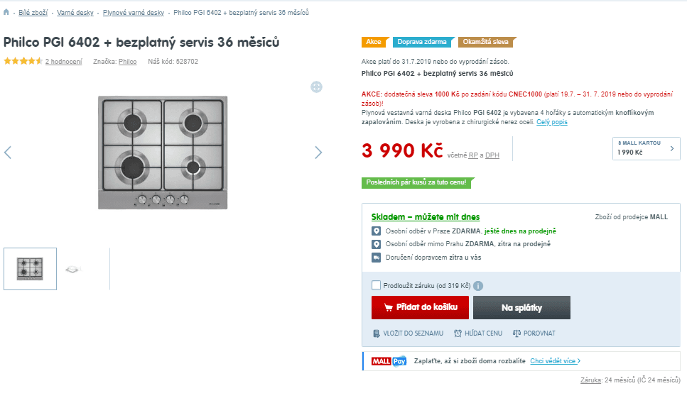 Plynová vestavná varná deska Philco