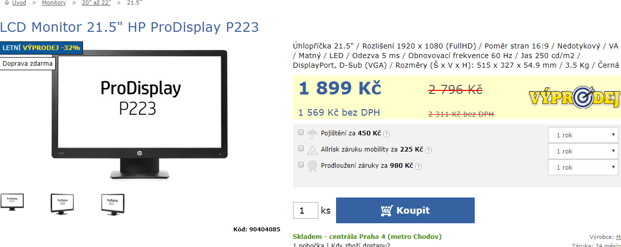 Full HD PC monitor HP Prodisplay 21,5"
