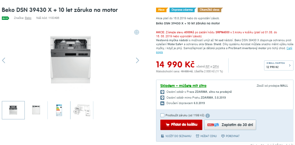 Myčka nádobí Beko, 14 sad, A++, technologie