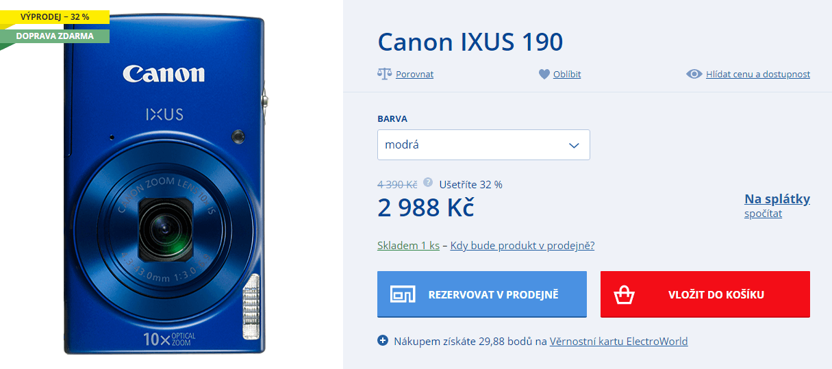Canon Ixus 190, 20MPx, wifi, NFC, stabilizace